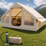 VEVOR Tienda Inflable para Acampar, Carpa Inflable de 4 x 3 x 2 m para 5 8 Personas con Bomba Manual, Conector para Estufa, 2 Puertas y 4 Ventanas de Malla, Bolsa de Almacenamiento, Beige