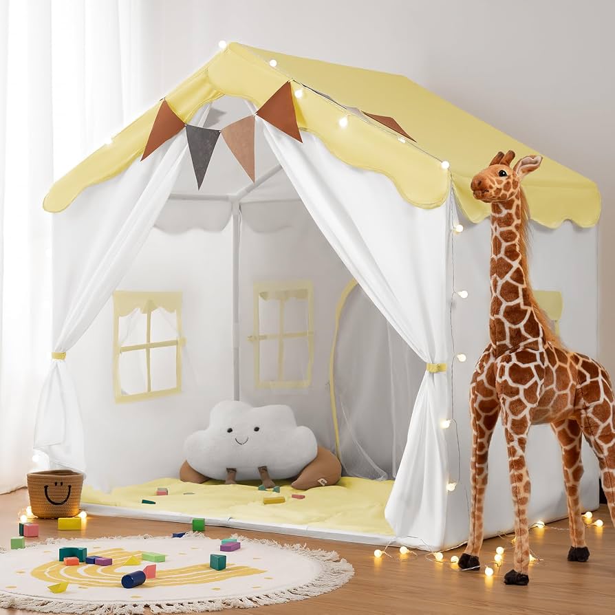 tienda-de-campana-infantil-345wto.jpg besrey Tienda de Campaña Infantil 2 en1 con Alfombra Acolchada, Luces y Banderas, Casita Infantil Tela de Juegos con 2 Puertas y 4 Ventanas, Cabañas para Niños (Amarillo) : Amazon.es: Juguetes y juegos - Imagen 1