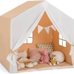 Tienda de Campaña Infantil con Estructura de Madera, Casa de Juegos Infantil Multifuncional con Banderola, Cortina Grande y 2 Ventanas, Tienda de Camp