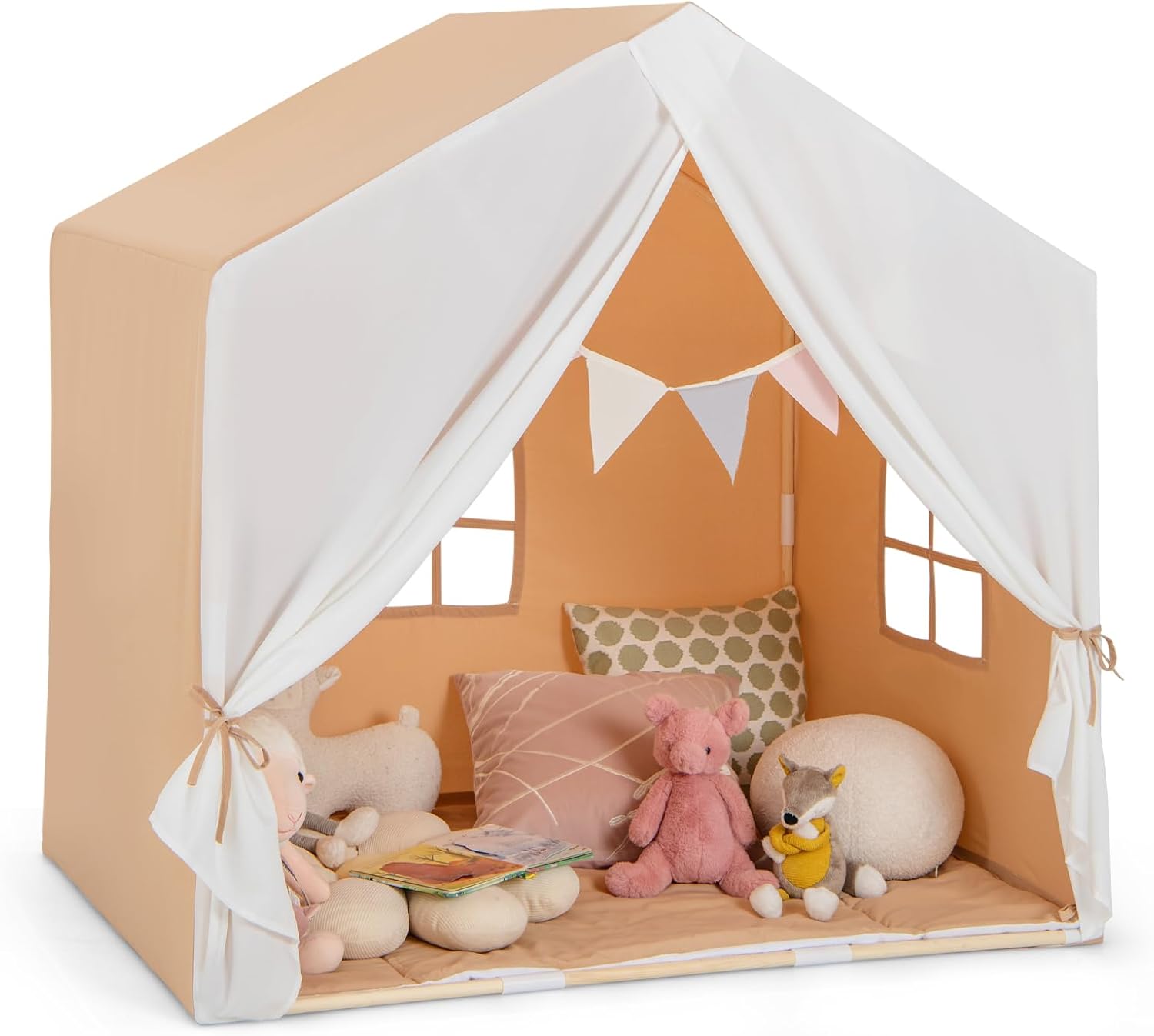 tienda-de-campana-infantil-968hyi.jpg Tienda de Campaña Infantil con Estructura de Madera, Casa de Juegos Infantil Multifuncional con Banderola, Cortina Grande y 2 Ventanas, Tienda de Camp - Imagen 1
