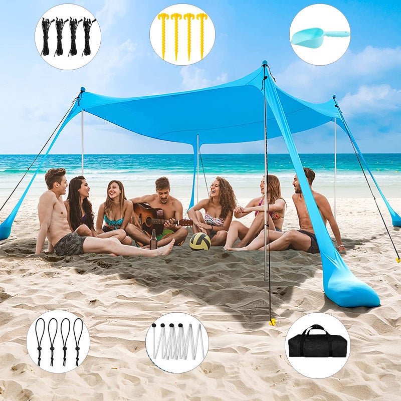 toldo-camping-787coa-1.jpg Toldo de playa – Lona portátil para camping – 4 postes de aluminio – Protección UV – Refugio solar para exteriores – (300 x 300 x 200 cm) - Imagen 1
